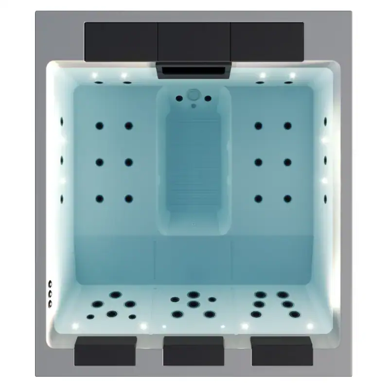 Vasca idromassaggio moderna con luci LED, rivestimento in acrilico bianco, dimensioni compatte, installata in ambiente wellness. Vasca idromassaggio con luci LED, rivestimento bianco, dimensioni compatte, ideale per spa domestiche e ambienti wellness.