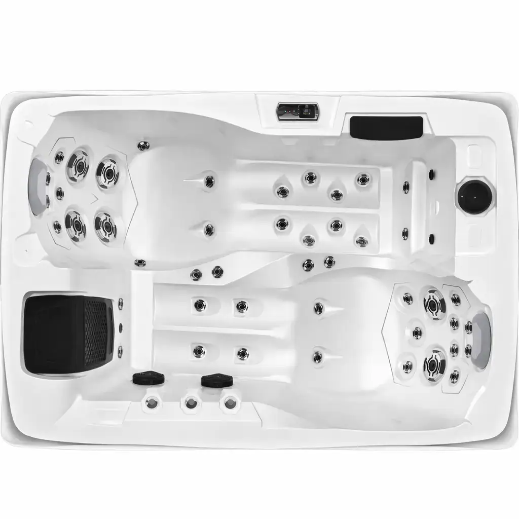 Vasca idromassaggio bianca con 12 getti e pannello di controllo digitale Vasca idromassaggio bianca con 12 getti, sedili ergonomici e pannello di controllo digitale, ideale per wellness e relax domestico.