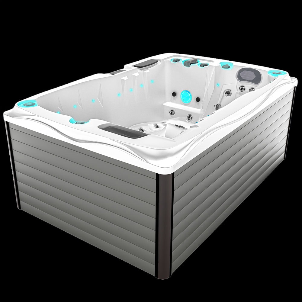 Vasca idromassaggio esterna con pannelli in legno, luci LED blu, comandi digitali, sedili ergonomici, dimensioni compatte, ideale per relax in giardino o spa domestica.