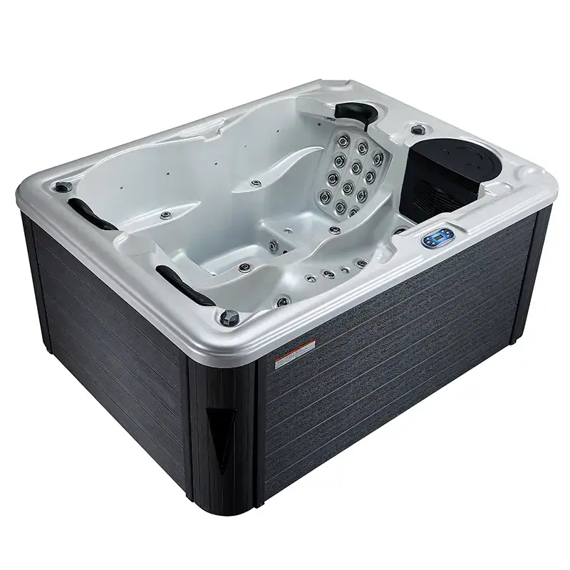 Vasca idromassaggio esterna con pannello di controllo digitale Vasca idromassaggio con 6 posti, pannello di controllo digitale, finitura in legno scuro, idromassaggi e luci LED, ideale per relax e wellness in Ticino.