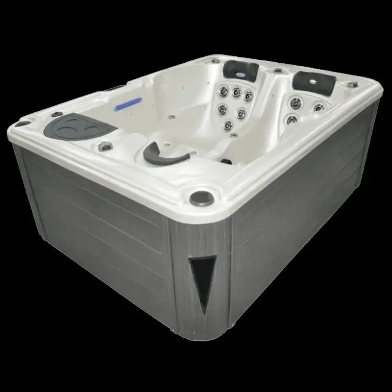 Vasca idromassaggio da esterno con sedili, getti idromassaggio e pannello di controllo, in resina grigia, dimensioni compatte, ideale per wellness e relax in Ticino.