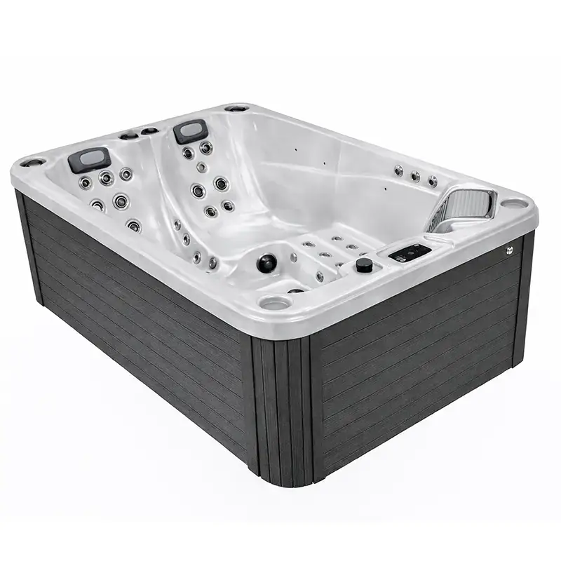 Vasca idromassaggio esterna con pannello di controllo nero Vasca idromassaggio con sedili, getti d'acqua e luci LED, pannello di controllo digitale, rivestimento in legno scuro, dimensioni compatte, ideale per wellness domestico.